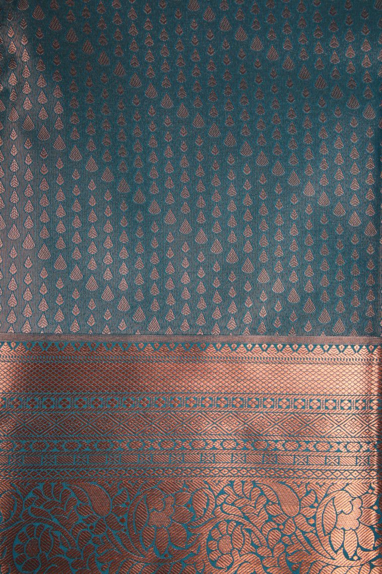 Ocean Blue Apoorva Silk Sarees Copper Zari with Floral Puttas view 3