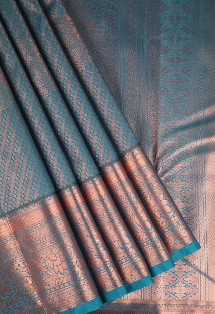 Ocean Blue Apoorva Silk Sarees Copper Zari with Floral Puttas