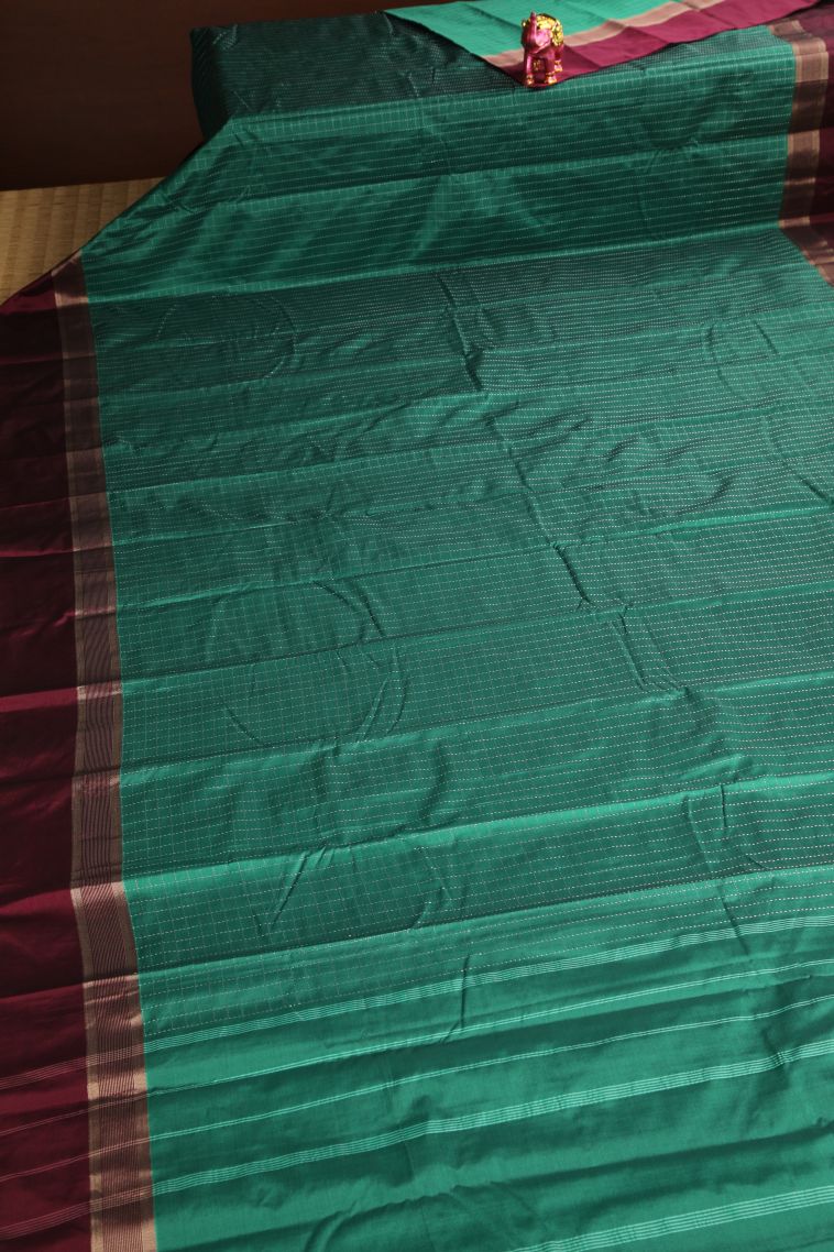 Teal Blue Arani Silk Sarees Silver Zari with Checks view 2