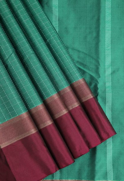 Teal Blue Arani Silk Sarees Silver Zari with Checks