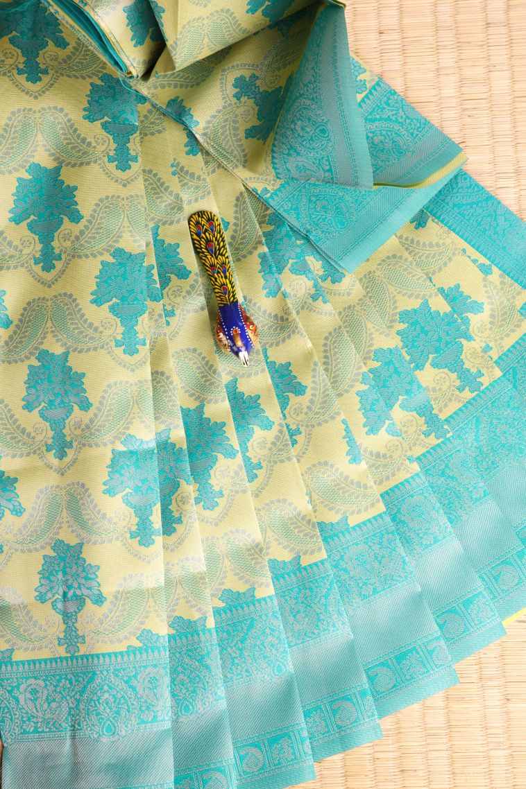 Shortbread Yellow Visiri Madippu Silk Sarees with Silver Zari Floral Patterns view 1