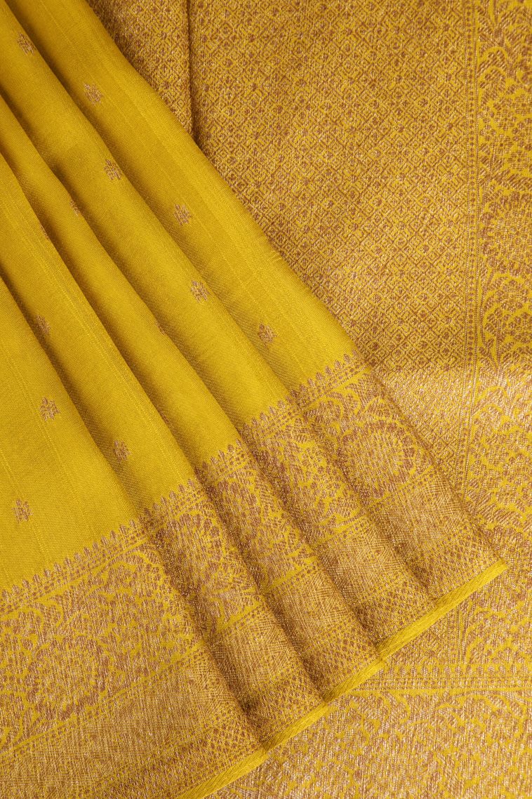 Lemon Yellow Banaras Sarees Antic Zari with Floral Puttas view 1