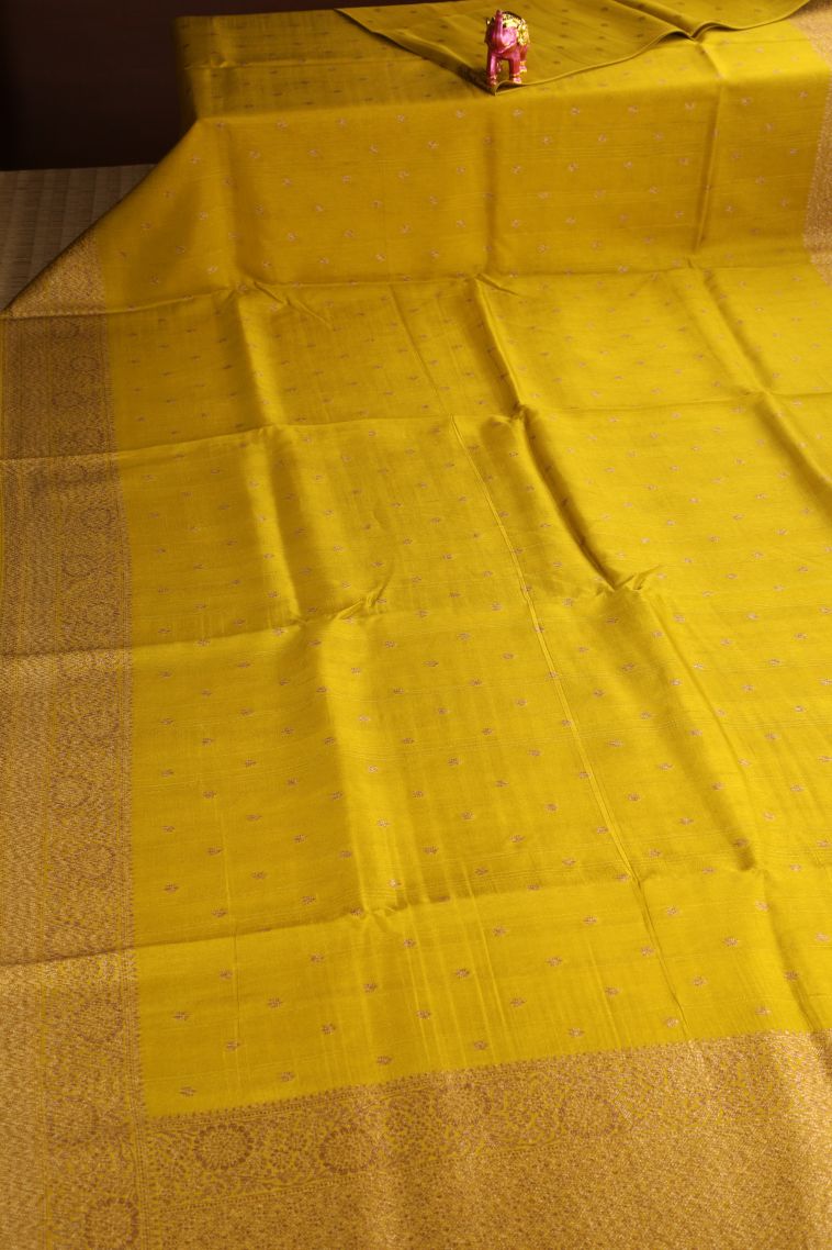 Lemon Yellow Banaras Sarees Antic Zari with Floral Puttas view 2
