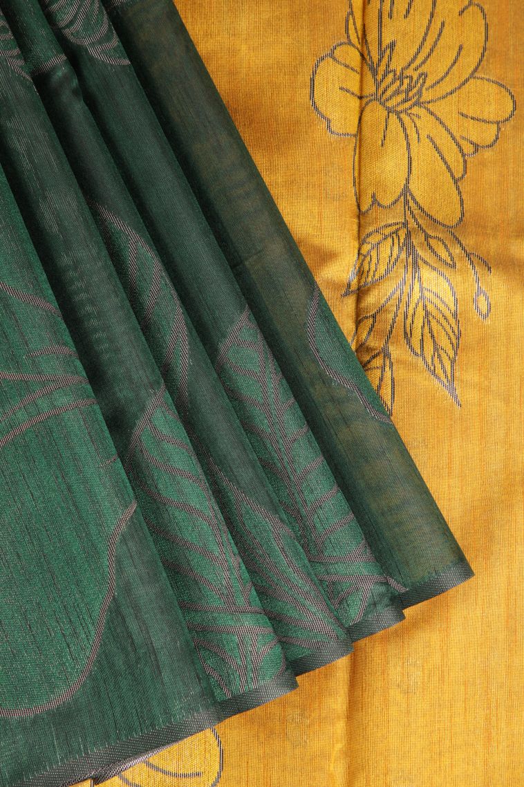 Seaweed Green Jute Sarees with Silver Zari Floral Patterns