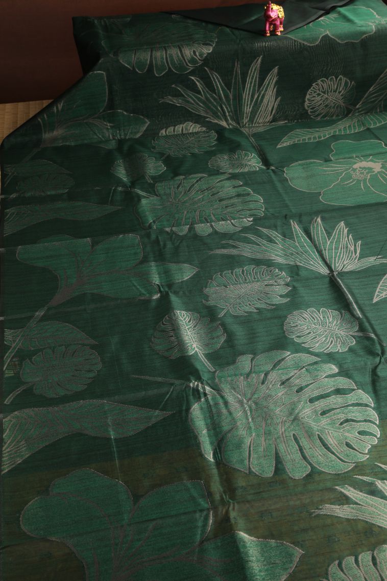 Seaweed Green Jute Sarees with Silver Zari Floral Patterns view 2