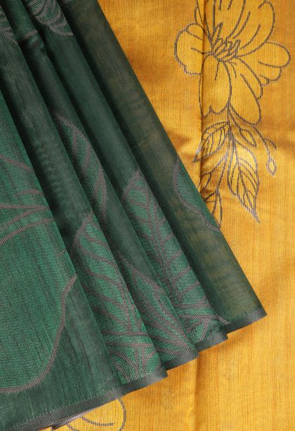 Seaweed Green Jute Sarees with Silver Zari Floral Patterns
