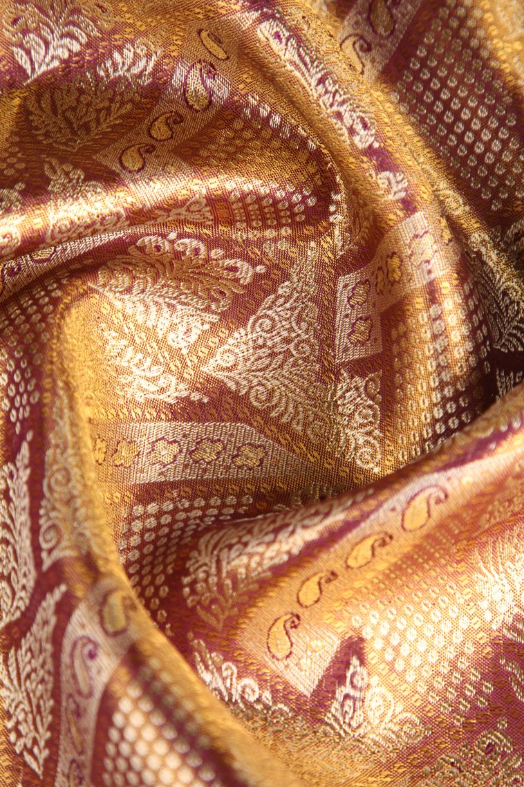 Magenta Purple Kanchipuram Silk Sarees with Gold And Silver Zari Floral Patterns view 4