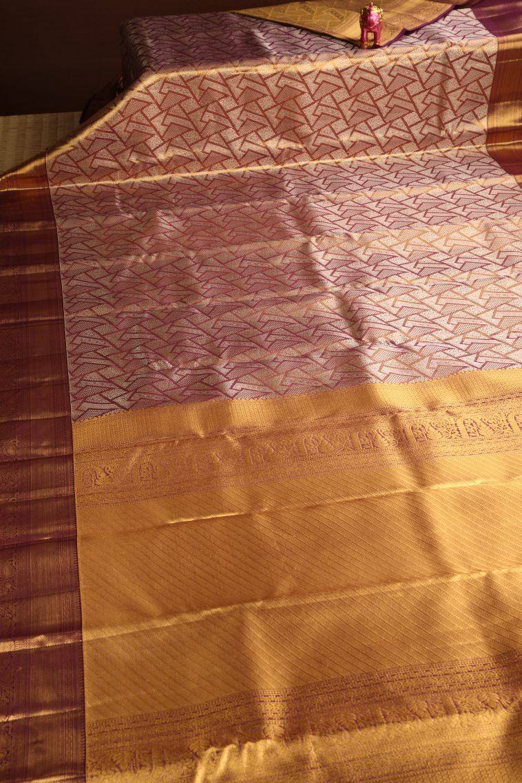 Magenta Purple Kanchipuram Silk Sarees with Gold And Silver Zari Floral Patterns view 2