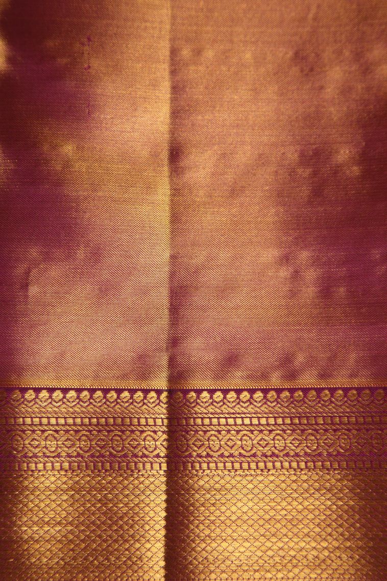 Magenta Purple Kanchipuram Silk Sarees with Gold And Silver Zari Floral Patterns view 3