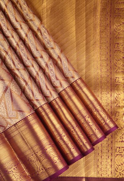 Magenta Purple Kanchipuram Silk Sarees with Gold And Silver Zari Floral Patterns