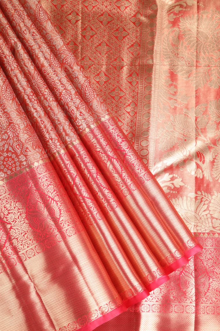 Dawn Red Apoorva Silk Sarees with Gold And Silver Zari Floral Patterns view 1