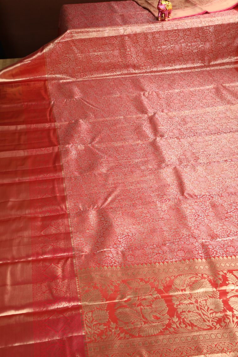 Dawn Red Apoorva Silk Sarees with Gold And Silver Zari Floral Patterns view 2