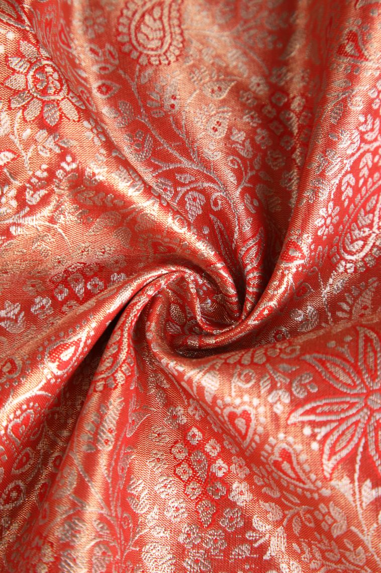 Dawn Red Apoorva Silk Sarees with Gold And Silver Zari Floral Patterns view 4