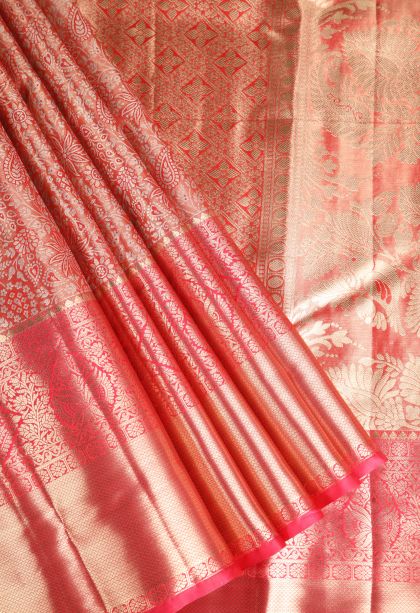Dawn Red Apoorva Silk Sarees with Gold And Silver Zari Floral Patterns