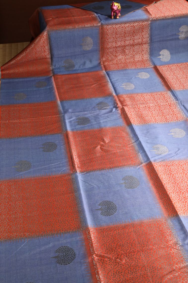 Candy Orange Semi Tussar Silk with Antic Zari Tree Mottif view 2