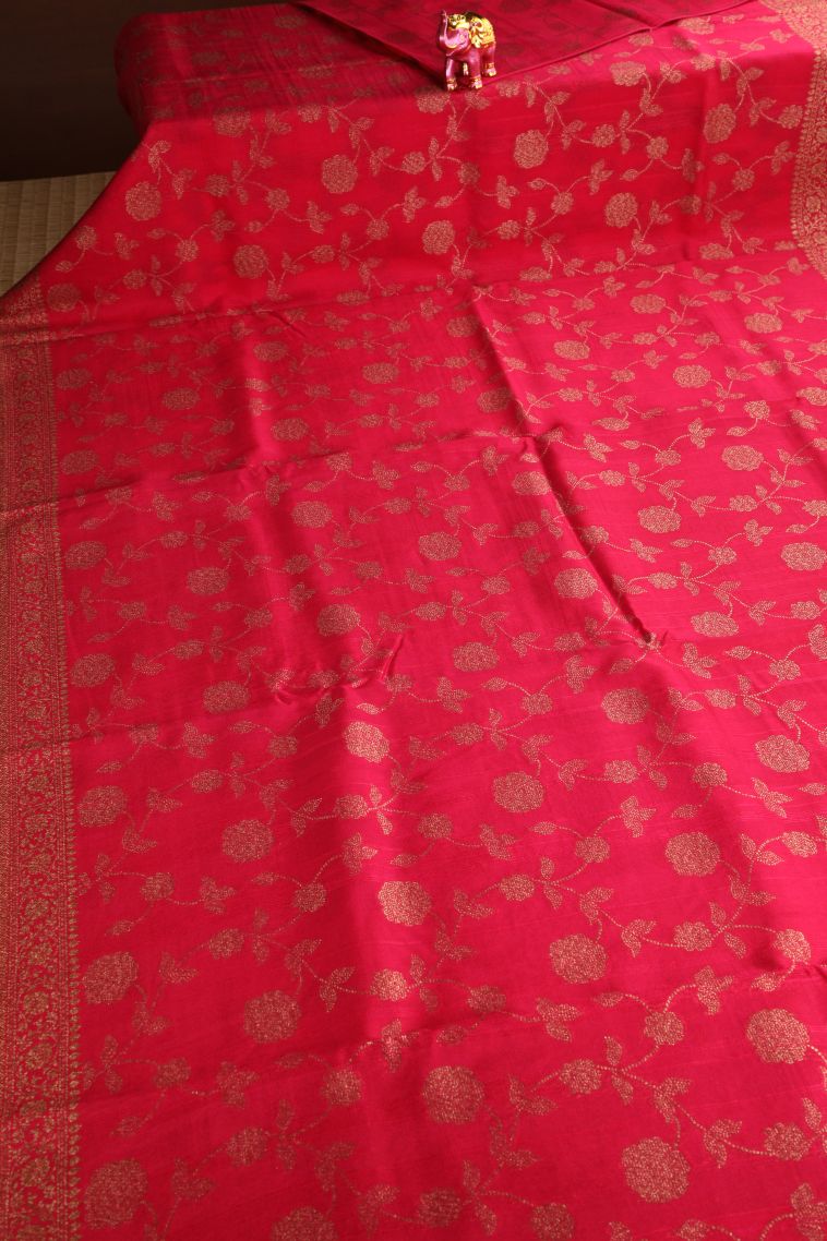 Punch Pink Banaras Sarees Antic Zari with Floral Puttas view 2