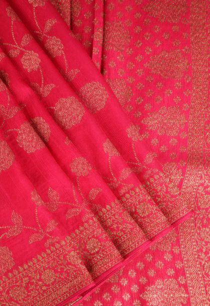 Punch Pink Banaras Sarees Antic Zari with Floral Puttas
