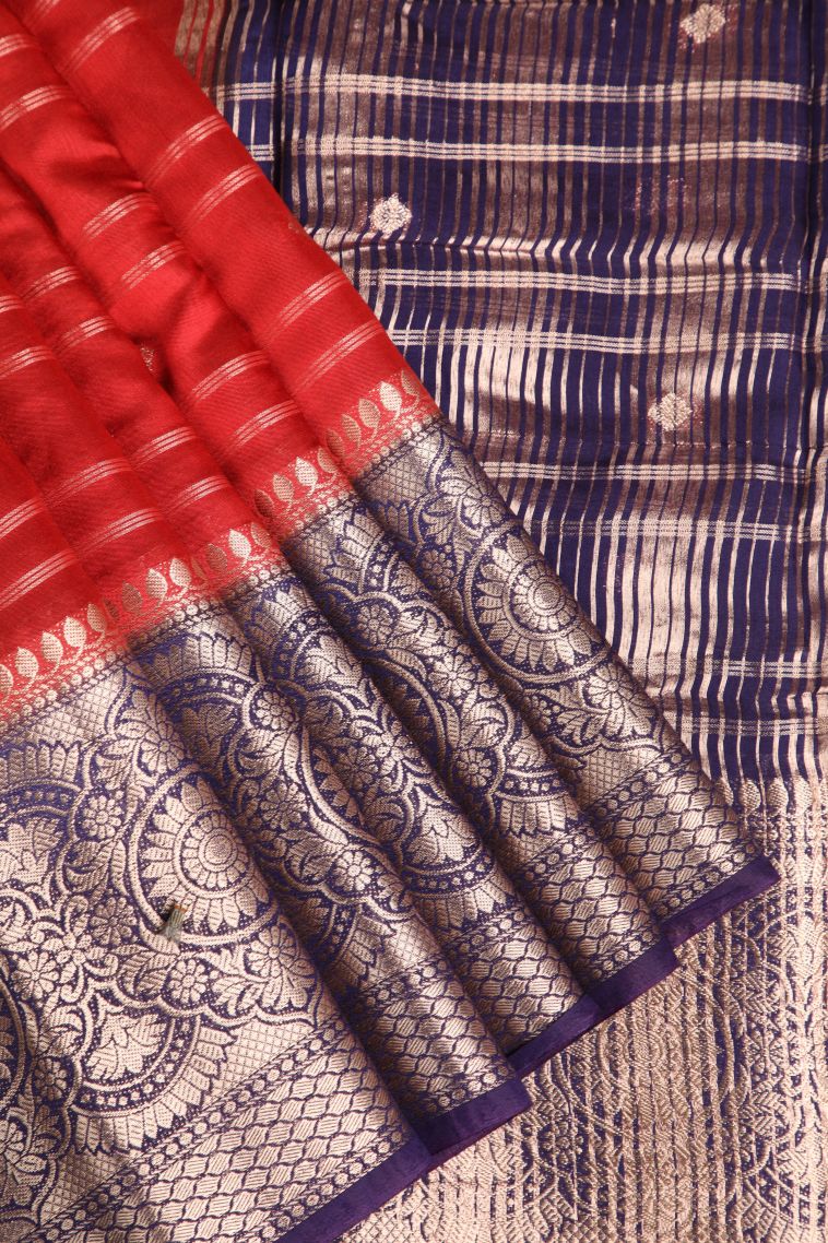 Candy Red Chanderi Cotton Sarees Antic Zari with Cross Straipes