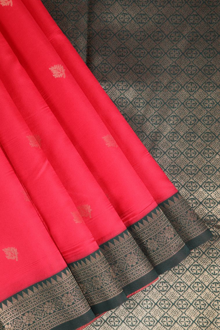 Rose  Red Raw Silk Sarees with Gold Zari Leaf Pattern