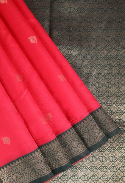 Rose Red Raw Silk Sarees with Gold Zari Leaf Pattern