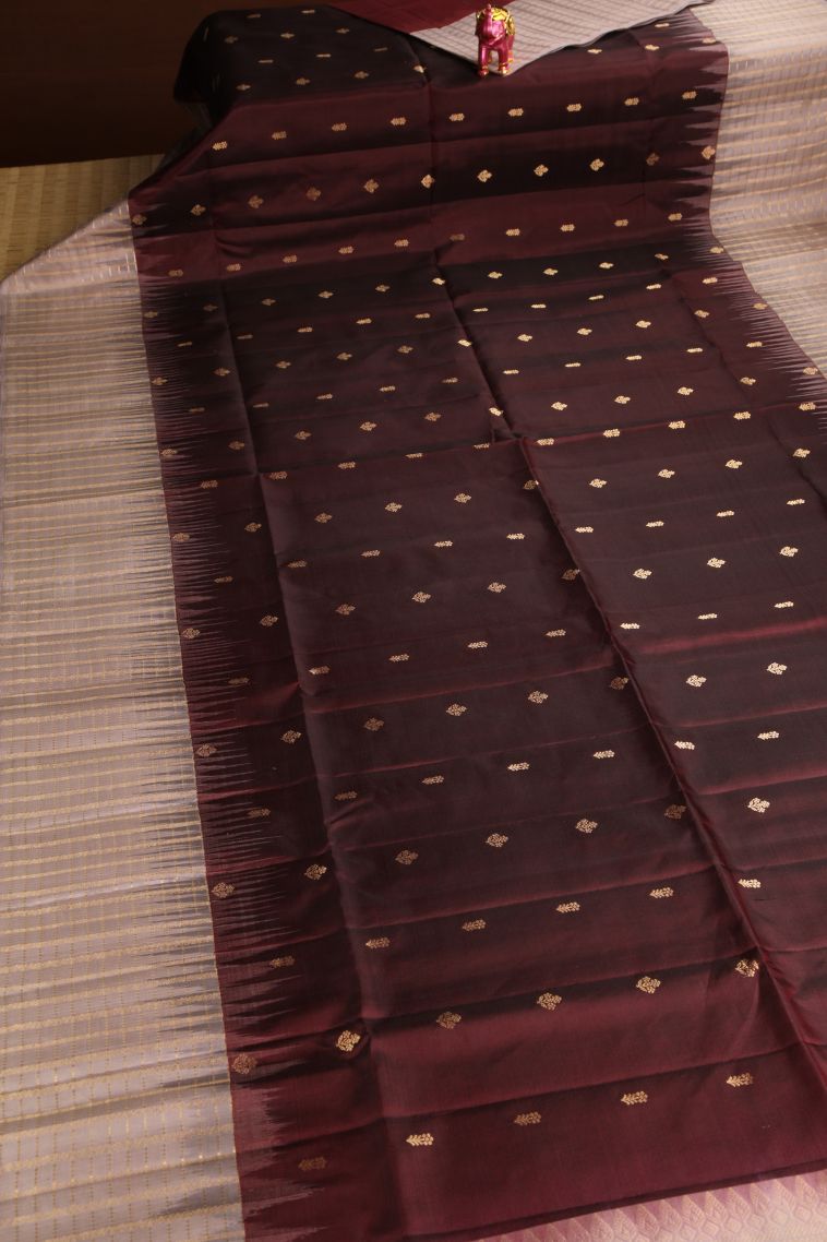 Berry Red Soft Silk Saree with Gold Zari Floral Puttas view 2