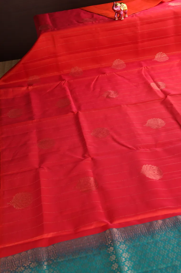 Rose Red Soft Silk Saree with Copper Zari Straipes And Puttas view 2