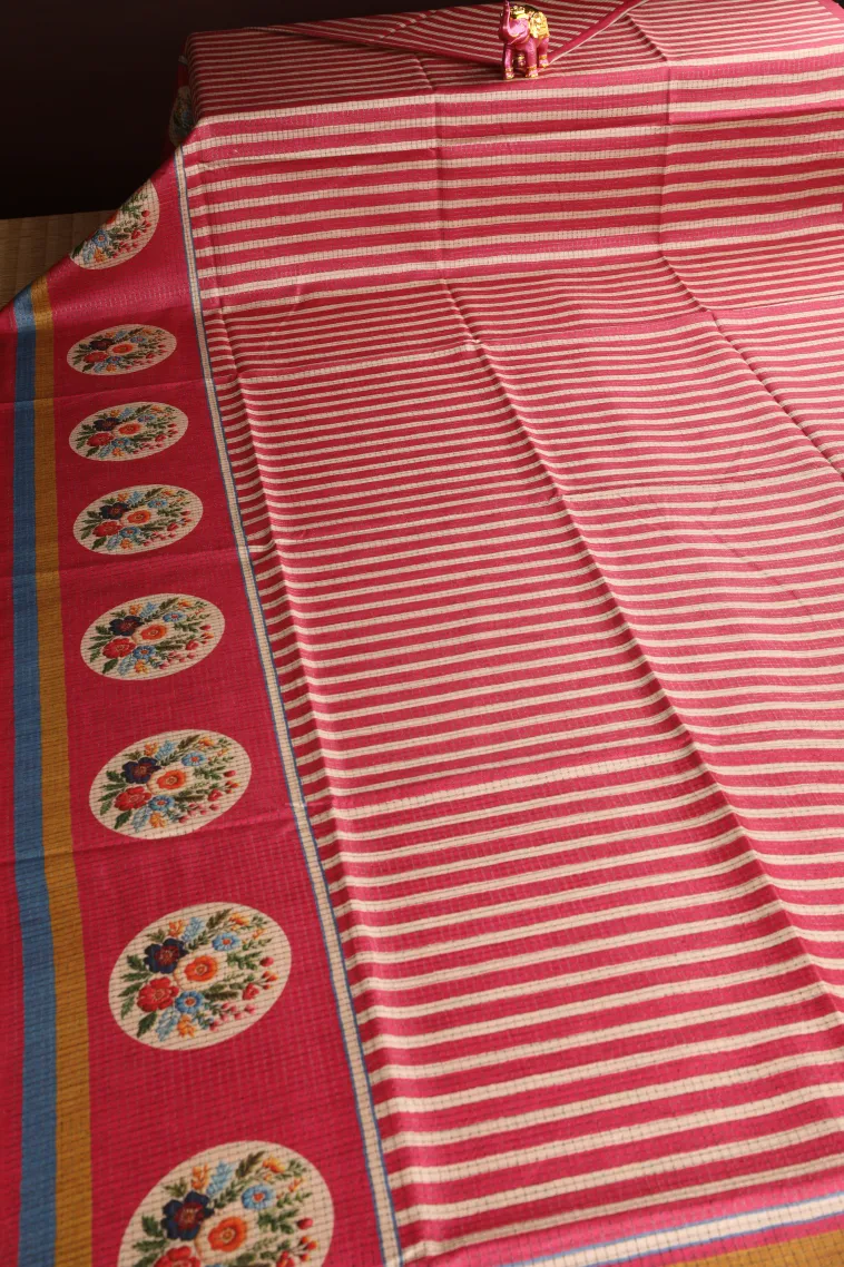 Punch Pink Tussar Saree Without Zari With Stripes view 2