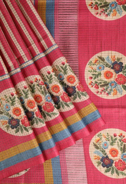 Punch Pink Tussar Saree Without Zari With Stripes