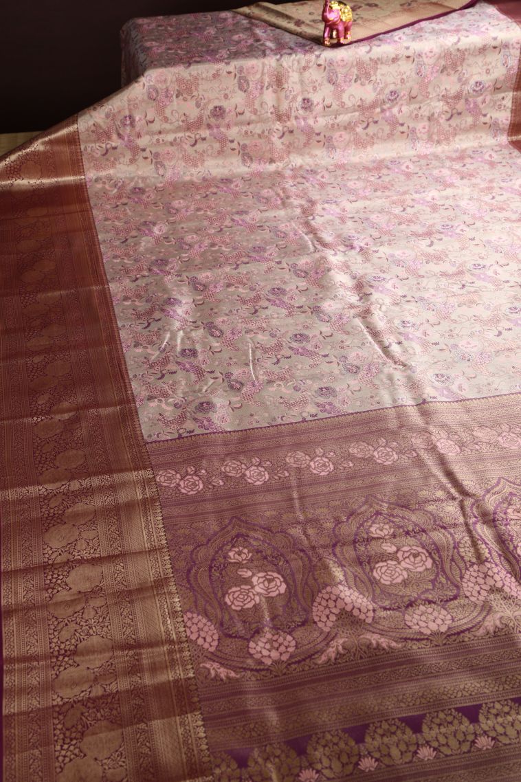 Cookie Yellow Apoorva Silk Sarees with Copper Zari Floral Patterns view 2