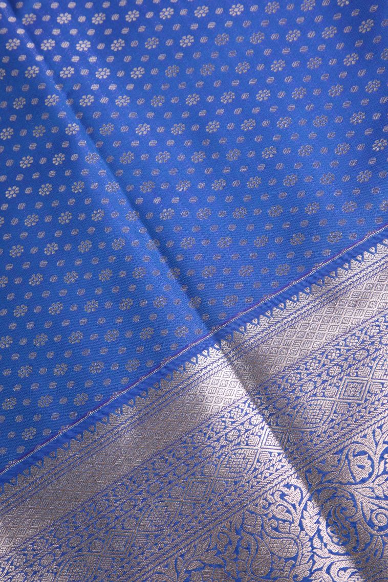 Cobalt Blue Apoorva Silk Sarees Silver Zari with Leaf Puttas view 3