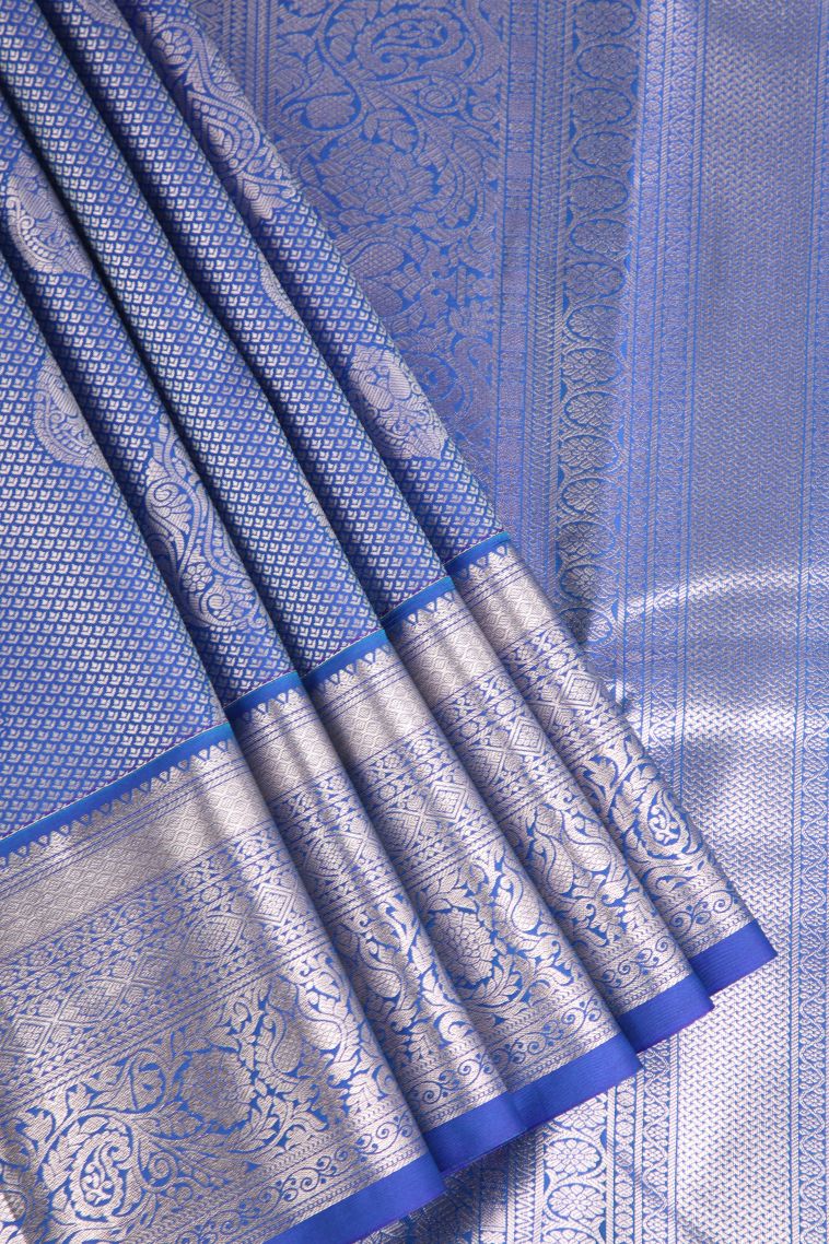 Cobalt Blue Apoorva Silk Sarees Silver Zari with Leaf Puttas