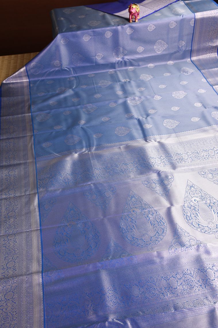 Cobalt Blue Apoorva Silk Sarees Silver Zari with Leaf Puttas view 2