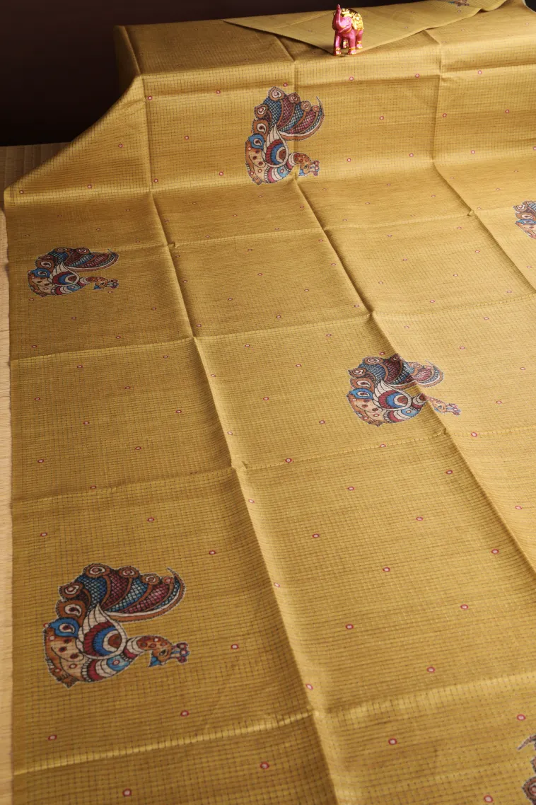 Gold Tussar Saree Without Zari With Peacock Motifs view 2