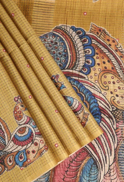 Gold Tussar Saree Without Zari With Peacock Motifs