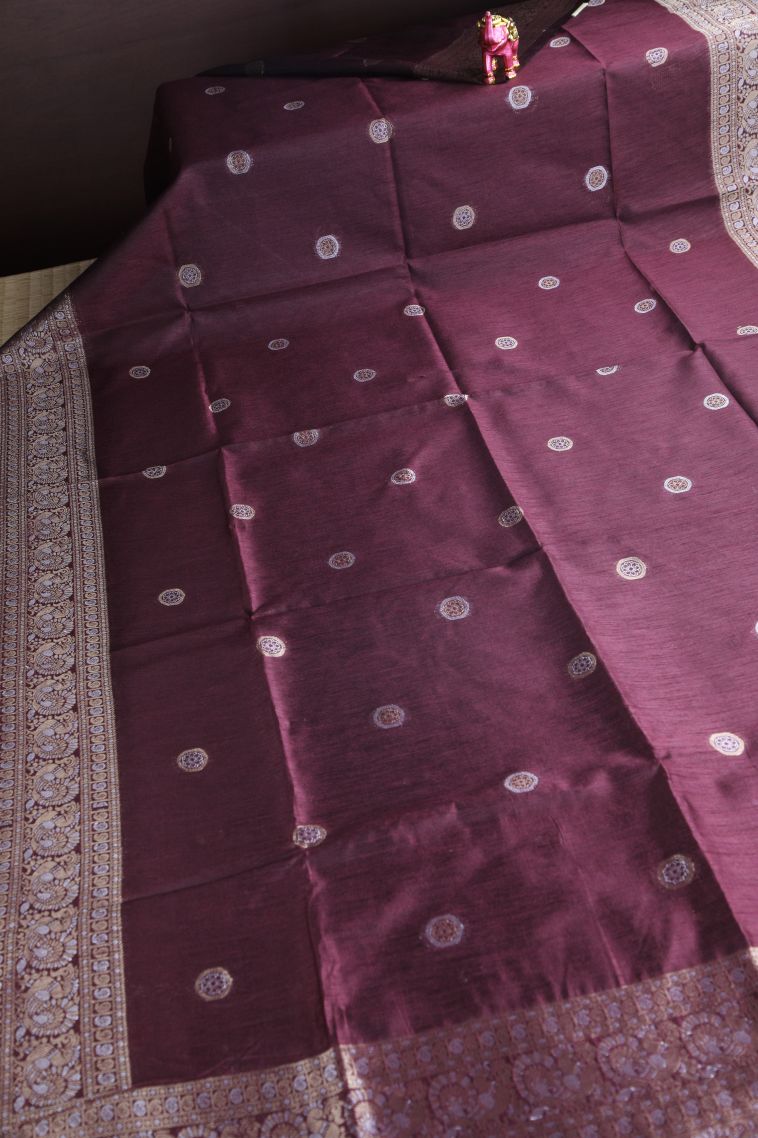 Berry Red Raw Silk Sarees with Gold And Silver Zari Puttas view 2