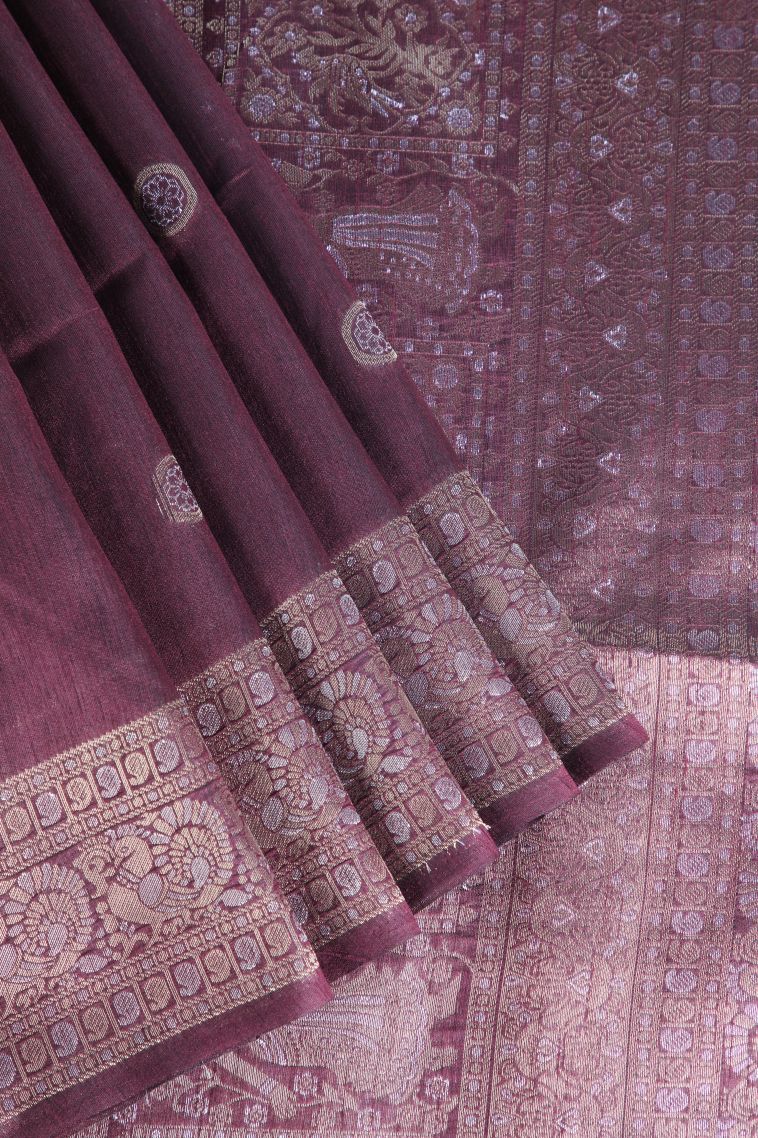 Berry Red Raw Silk Sarees with Gold And Silver Zari Puttas