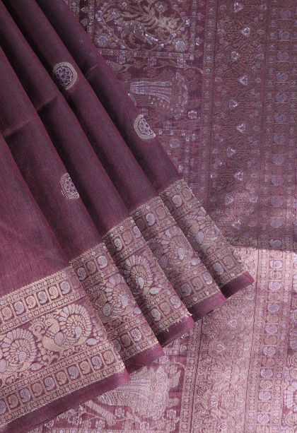 Berry Red Raw Silk Sarees with Gold And Silver Zari Puttas