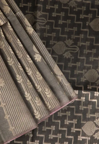 Tortilla Brown Tussar Saree with Antic Zari Floral Patterns