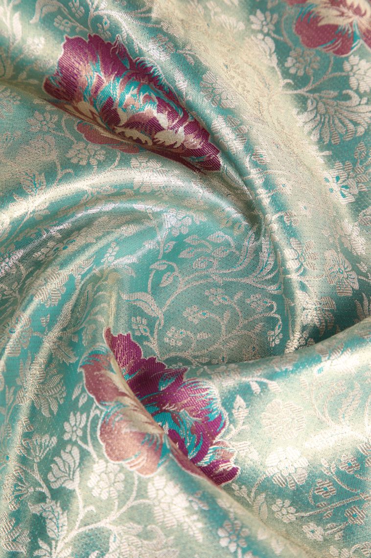 Sky Blue Apoorva Silk Sarees with Copper Zari Floral Patterns view 4