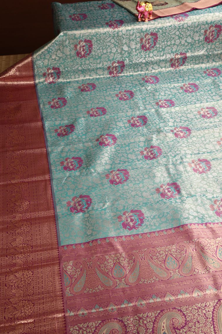 Sky Blue Apoorva Silk Sarees with Copper Zari Floral Patterns view 2