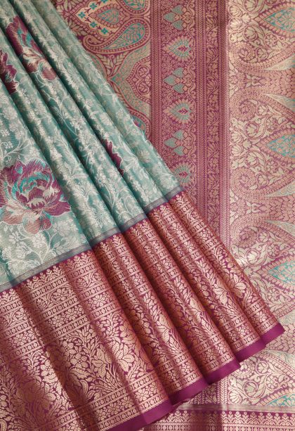 Sky Blue Apoorva Silk Sarees with Copper Zari Floral Patterns