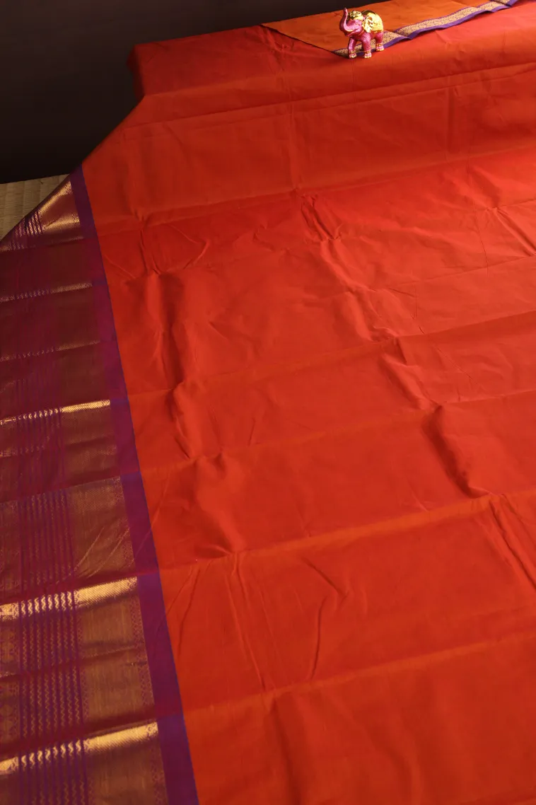 Fire Orange Chettinad Cotton Sarees with Gold Zari Plain view 2