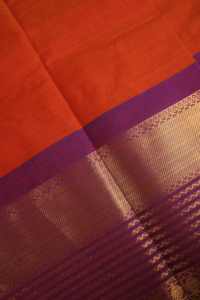 Fire Orange Chettinad Cotton Sarees with Gold Zari Plain view 3