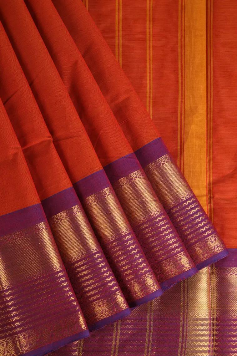Fire Orange Chettinad Cotton Sarees with Gold Zari Plain