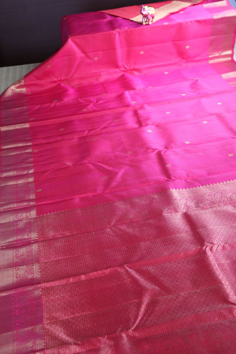 Bubblegum Pink Kanchipuram Silk Sarees with Gold Zari Small Checks Pattern view 2
