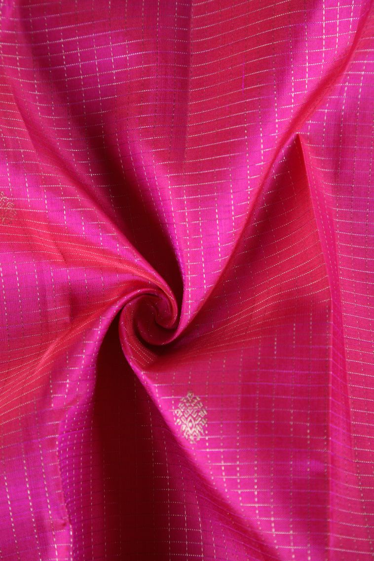 Bubblegum Pink Kanchipuram Silk Sarees with Gold Zari Small Checks Pattern view 4