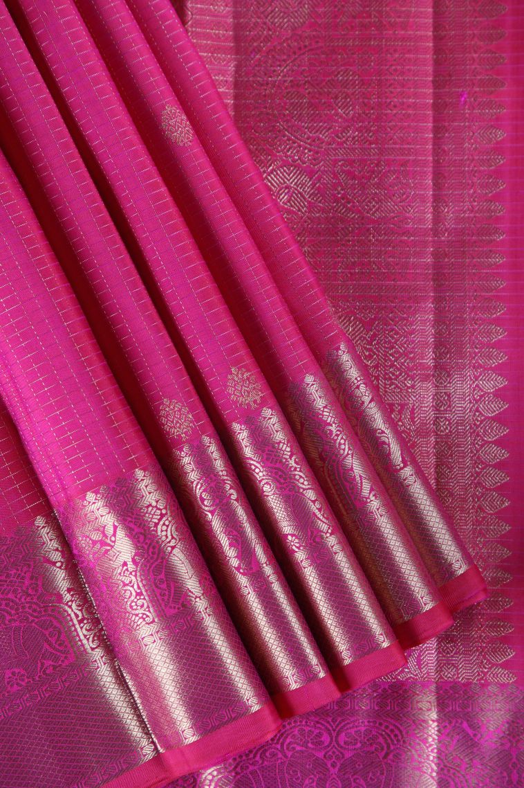Bubblegum Pink Kanchipuram Silk Sarees with Gold Zari Small Checks Pattern