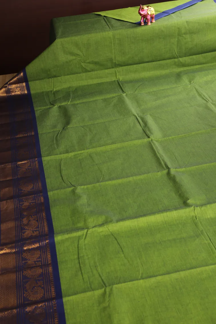 Lime Green Chettinad Cotton Sarees with Gold Zari Plain view 2