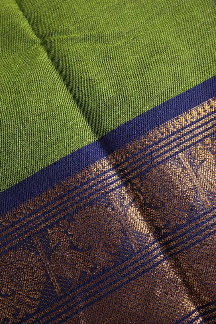 Lime Green Chettinad Cotton Sarees with Gold Zari Plain view 3