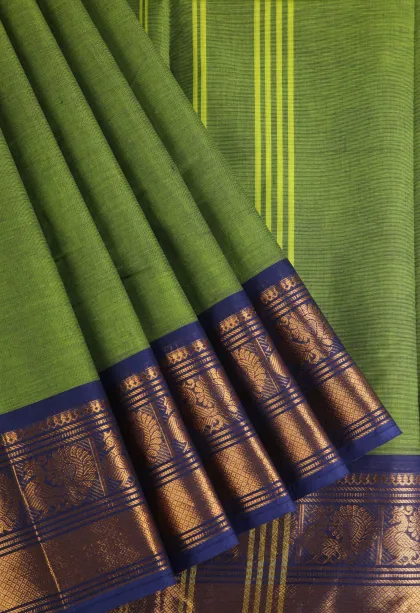Lime Green Chettinad Cotton Sarees with Gold Zari Plain